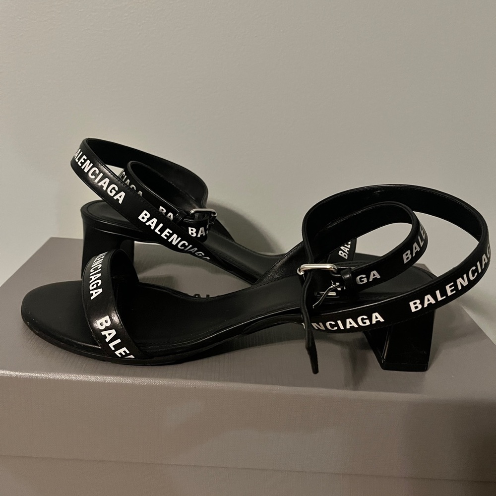 Balenciaga Black Logo Strap Mid-Heel Sandals